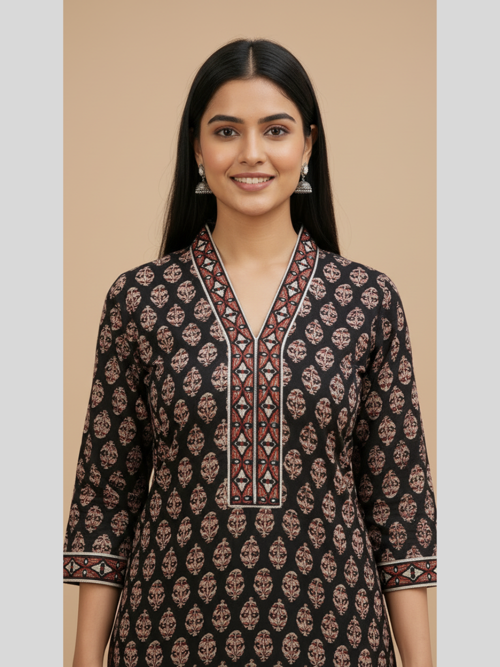 Meeta's Asha Black Geometrical Hand Block Printed Cotton 2 Piece Suit Set- Close Up View