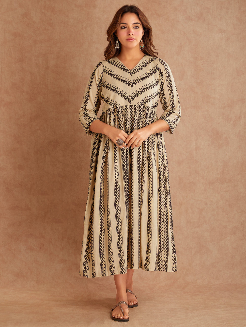 Bhagya Beige Hand Block Printed Cotton Dress- Front View