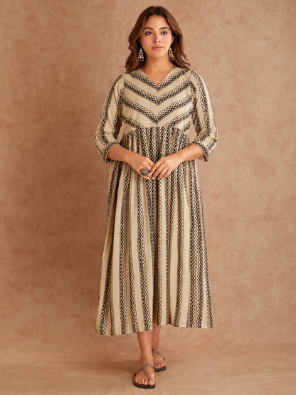 Bhagya Beige Hand Block Printed Cotton Dress- Front View
