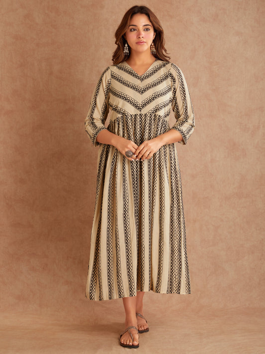 Bhagya Beige Hand Block Printed Cotton Dress- Front View