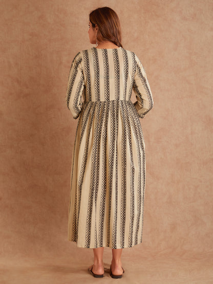 Bhagya Beige Hand Block Printe Cotton Dress- Back View