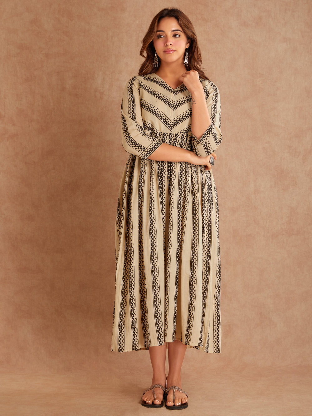 Bhagya Beige Hand Block Printe Cotton Dress- Front View