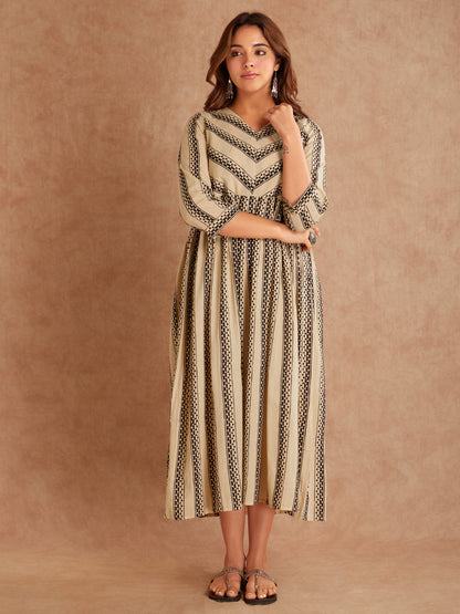 Bhagya Beige Hand Block Printe Cotton Dress- Front View