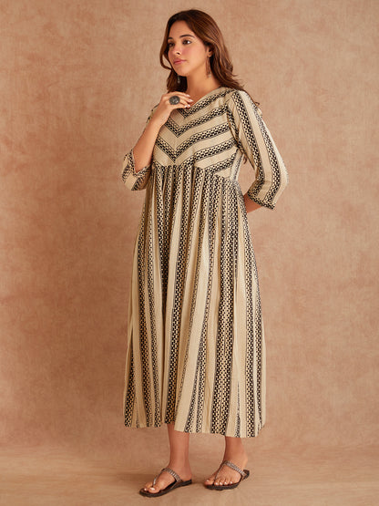 Bhagya Beige Hand Block Printe Cotton Dress- Right View