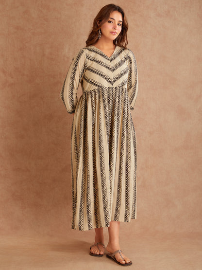 Bhagya Beige Hand Block Printe Cotton Dress- Left View