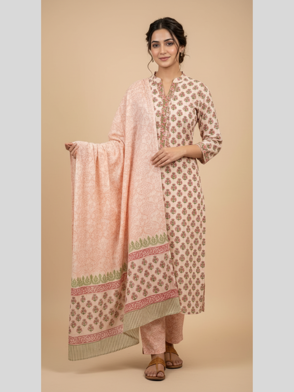 Purvi pink hand block printed cotton suit set of 3 front view with kurta, pants and dupatta by Meeta's