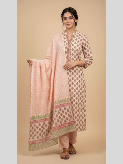 Purvi pink hand block printed cotton suit set of 3 front view with kurta, pants and dupatta by Meeta's