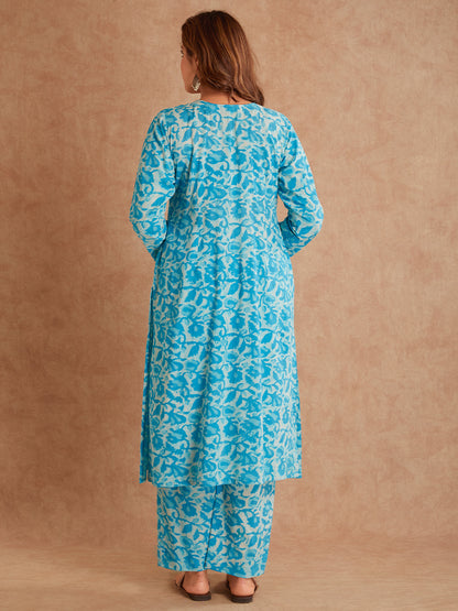 Hand Block Printed Teal Floral Cotton Suit Set ( 2 piece)- Back View