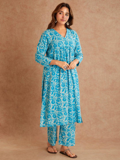 Hand Block Printed Teal Floral Cotton Suit Set ( 2 piece)- Left View