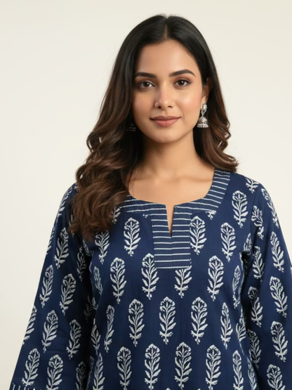 Close-up of Ira Indigo Hand Block Printed Cotton Suit Set ( 2 Piece) Meeta's