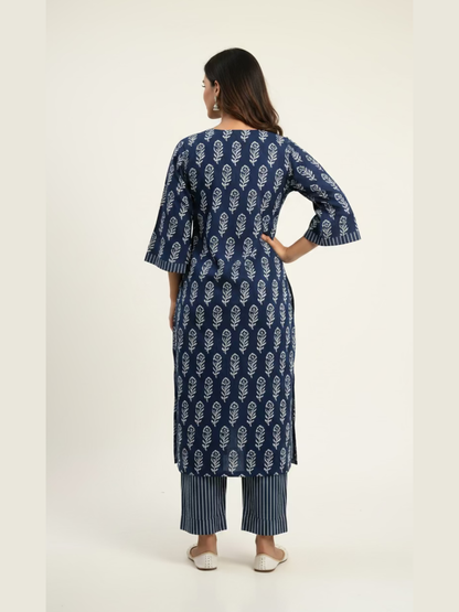 Back View Of Irha Indigo Hand Block Printed Cotton Suit Set ( 2 Piece Set) Meeta's