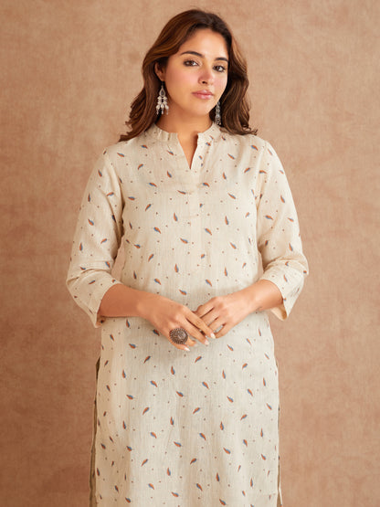  Meeta's Lisha  Beige Silk Linen Kurta- Close Up VIew