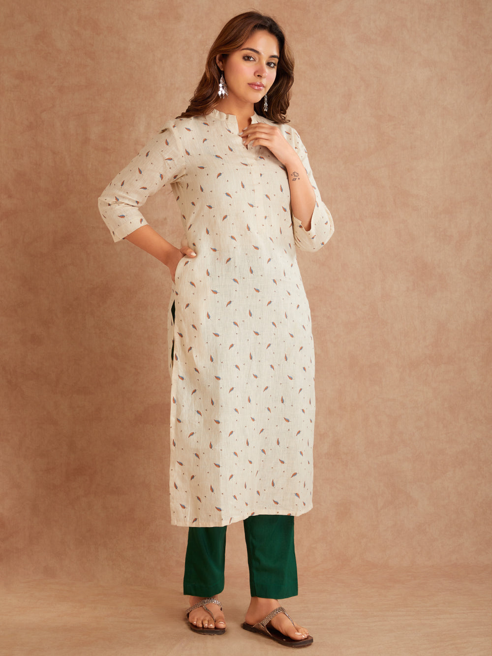 Meeta's Lisha  Beige Silk Linen Kurta-Left View