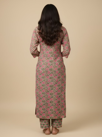 Meeta's Nirma Pink $ Olive Green Hand Block Printed Cotton Kurta- Back View