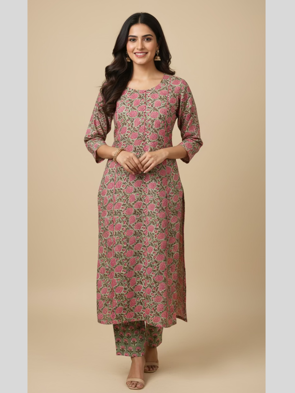 Meeta's Nirma Pink $ Olive Green Hand Block Printed Cotton Kurta- FfFront Viewont View