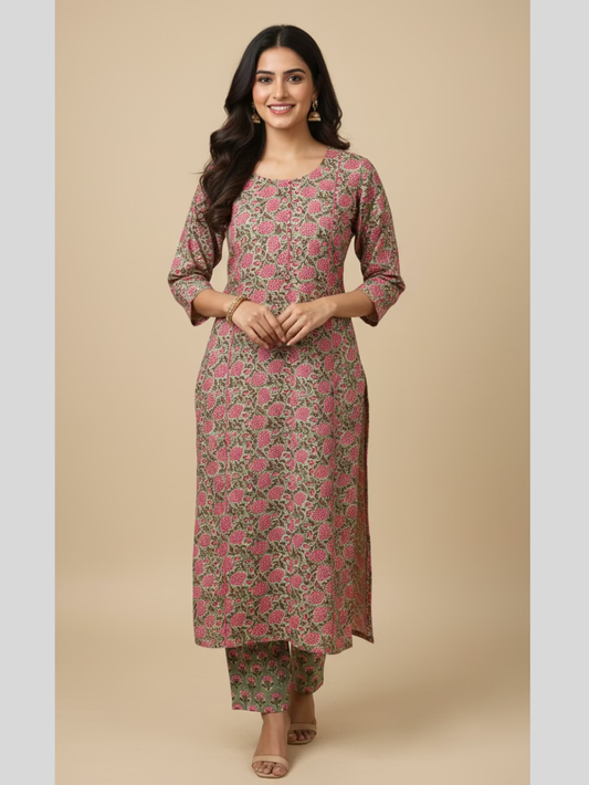 Meeta's Nirma Pink $ Olive Green Hand Block Printed Cotton Kurta- FfFront Viewont View