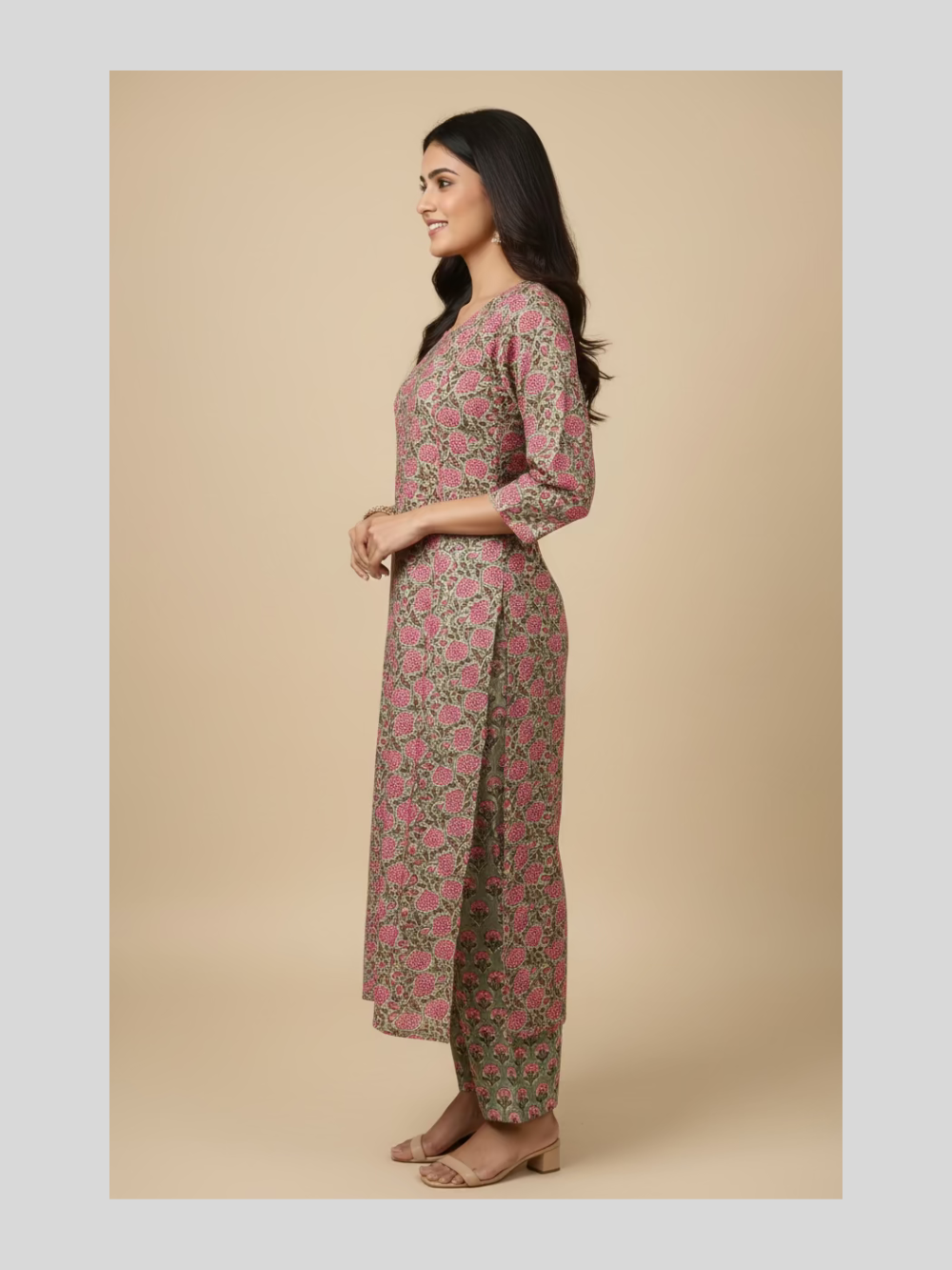 Meeta's Nirma Pink $ Olive Green Hand Block Printed Cotton Kurta- Right ViewSide View