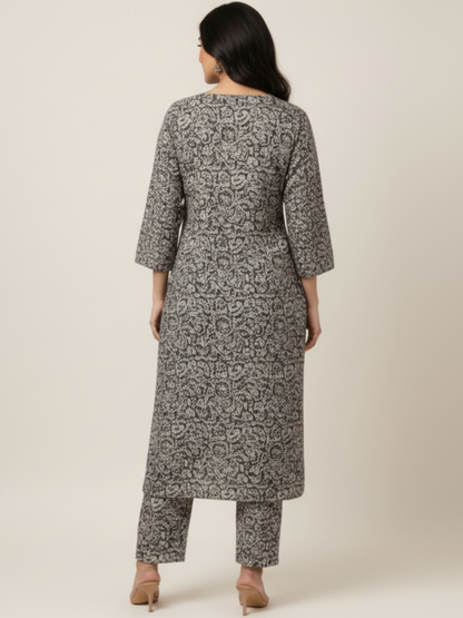 Noor Kalamkari Cotton Suit Set (2 Piece)- Black & Off-White