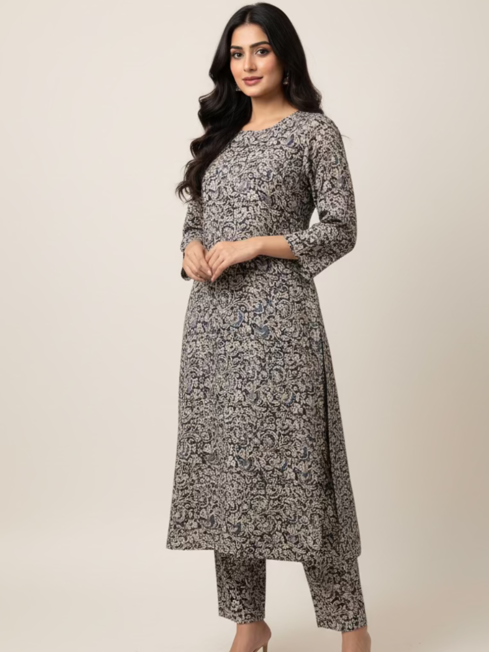 Noor Kalamkari Cotton Suit Set (2 Piece)- Black & Off-White