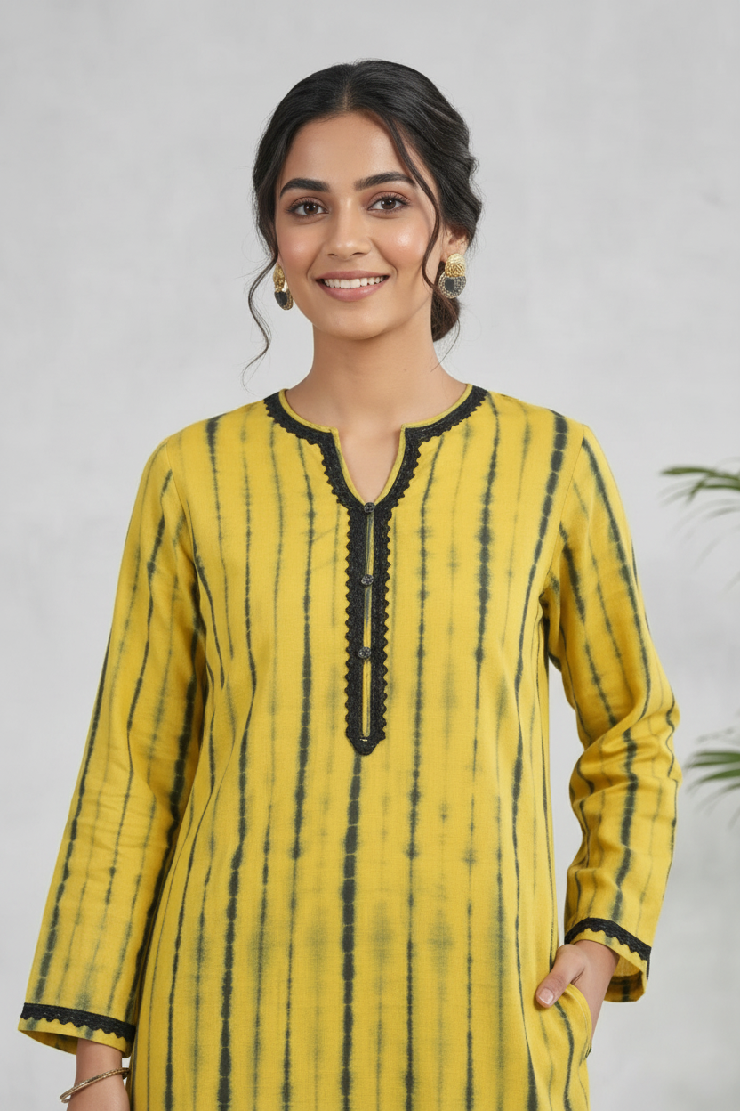 Soft cotton fabric with traditional hand block print on the Yogini yellow suit set by Meeta's
