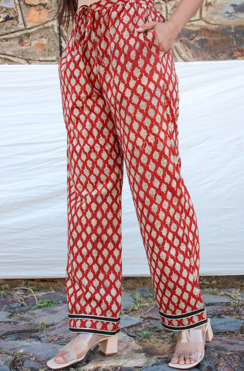 Asha Red Hand Block Printed  Cotton Pant