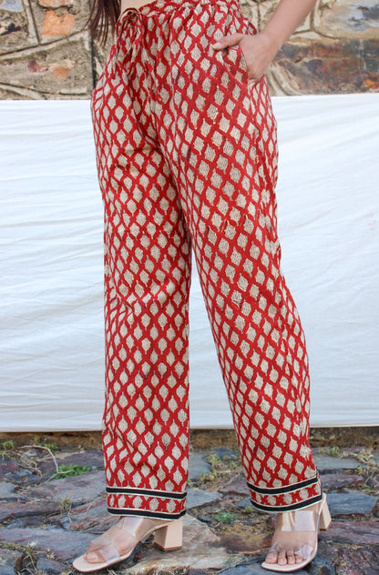 Asha Red Hand Block Printed  Cotton Pant