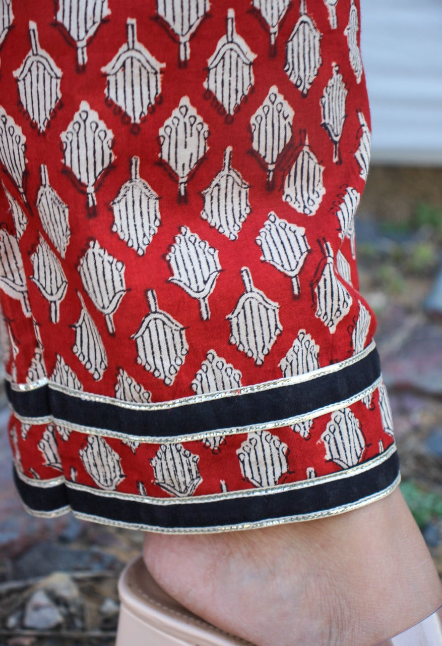 Asha Red Hand Block Printed  Cotton Pant