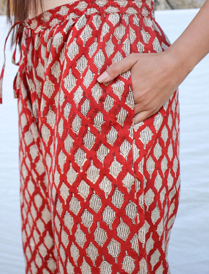 Asha Red Hand Block Printed  Cotton Pant