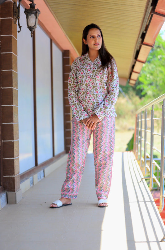 Ivory Florals Hand block Print  Loungewear.