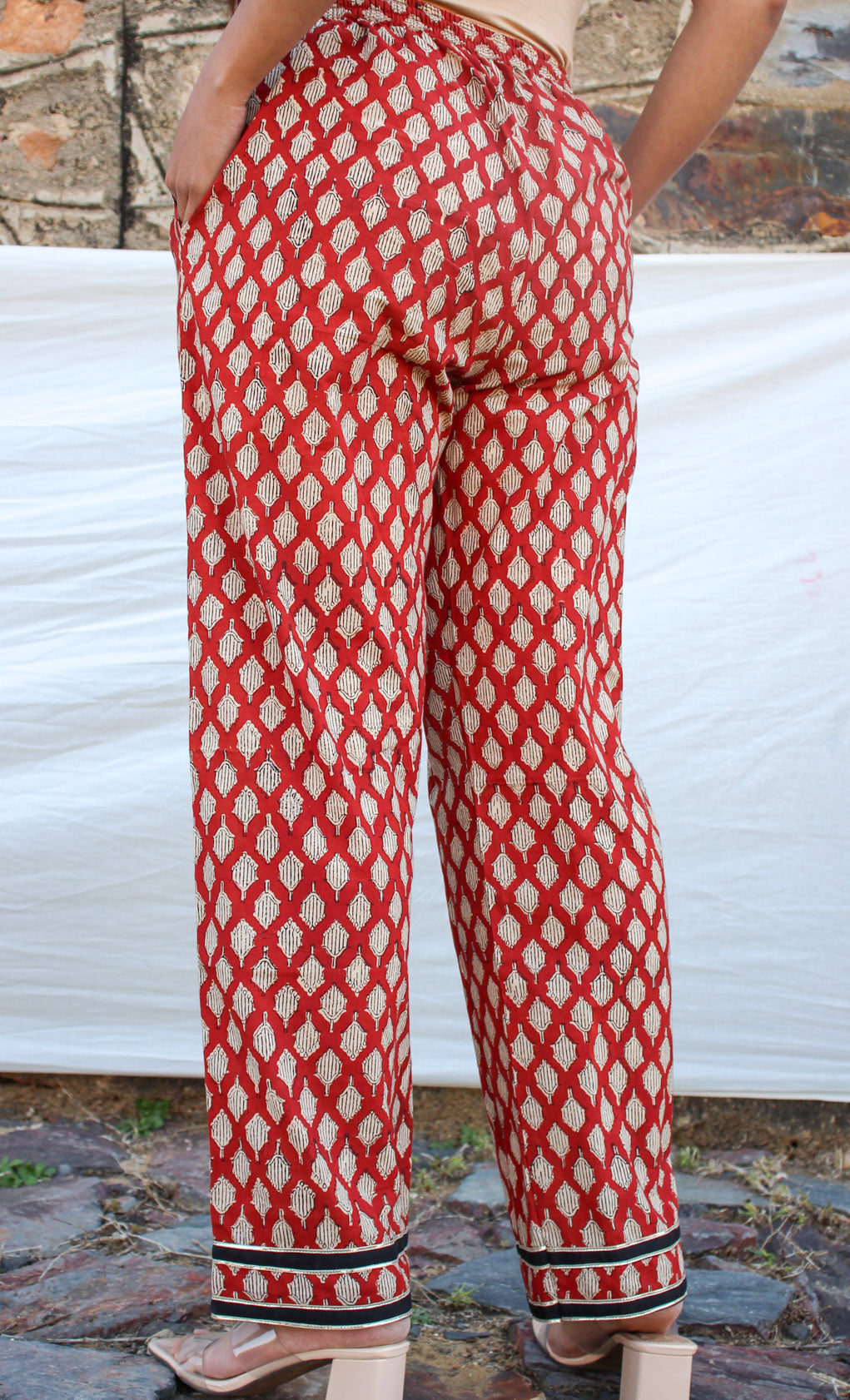 Asha Red Hand Block Printed  Cotton Pant