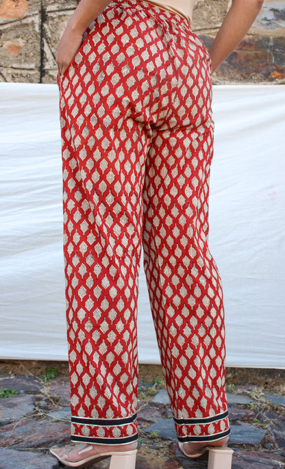 Asha Red Hand Block Printed  Cotton Pant