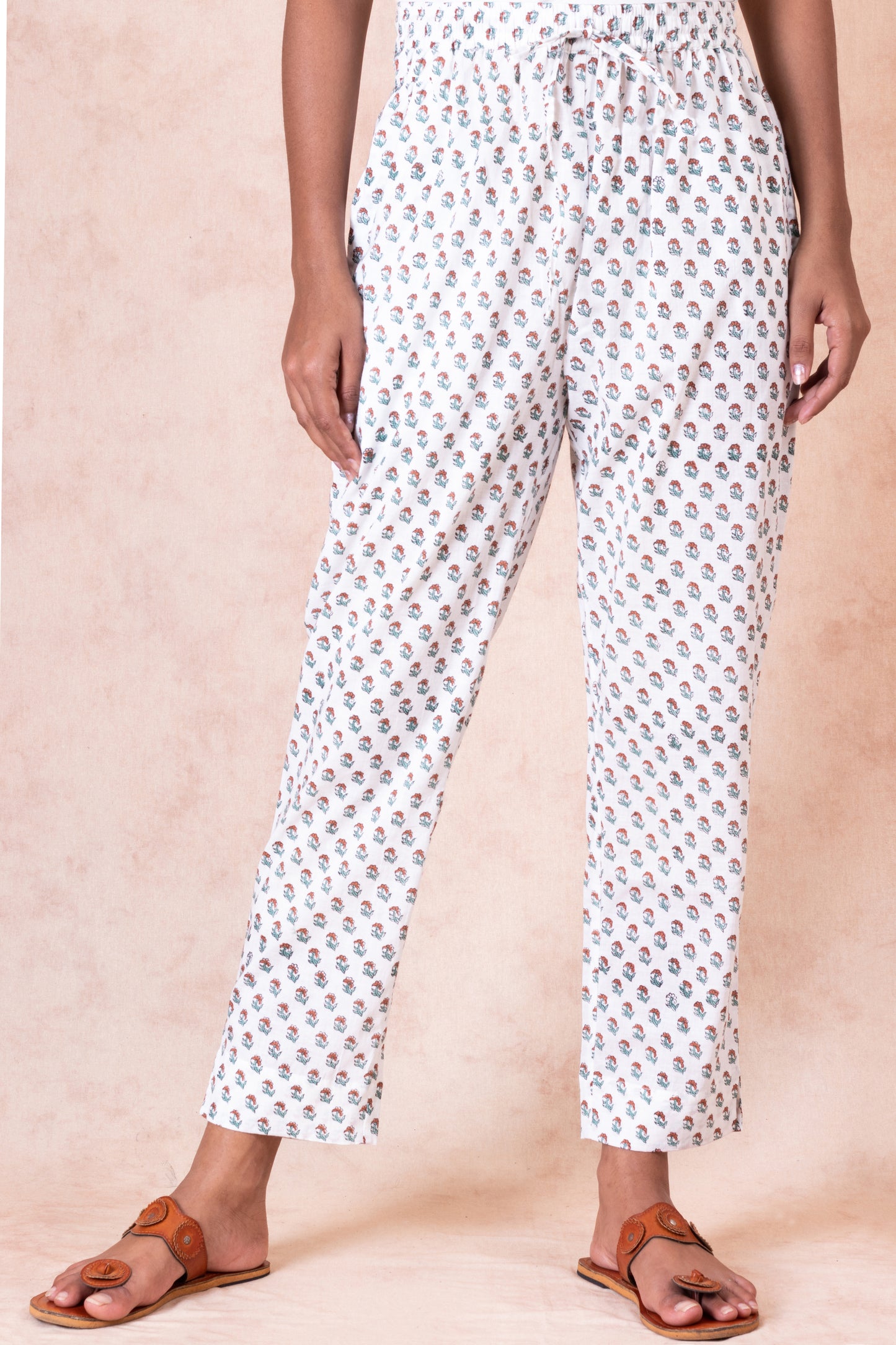 White Garden Lush Handblock Straight Pant