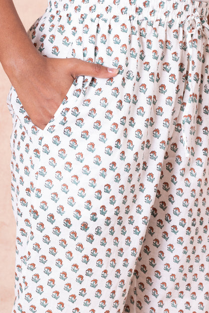 White Garden Lush Handblock Straight Pant