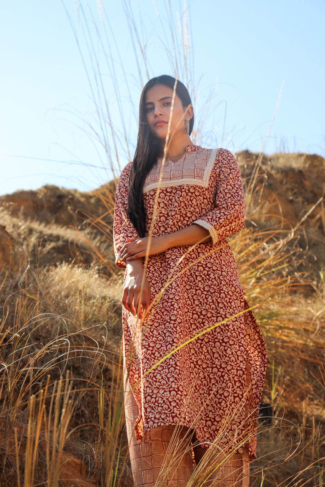 Reshu Red Vine Bagru-Block Print Cotton Kurta
