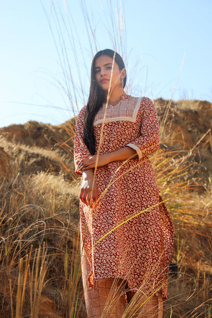Reshu Red Vine Bagru-Block Print Cotton Kurta