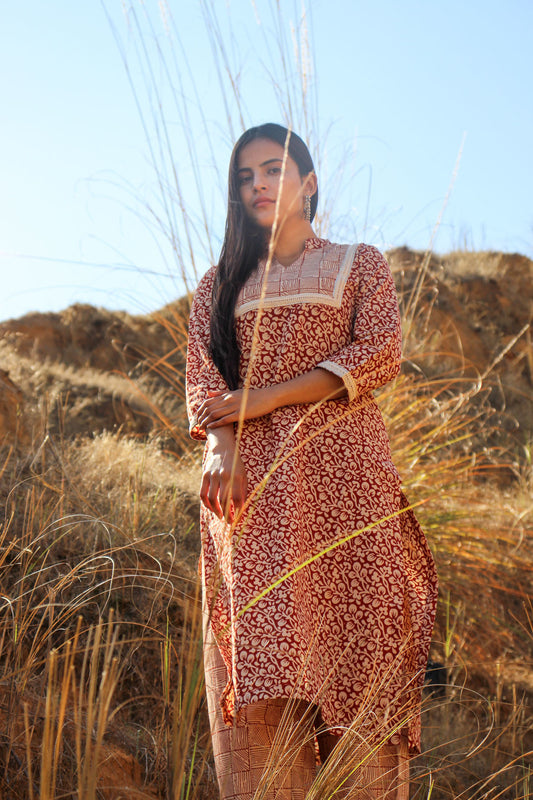 Reshu Red Vine Bagru-Block Print Cotton Kurta