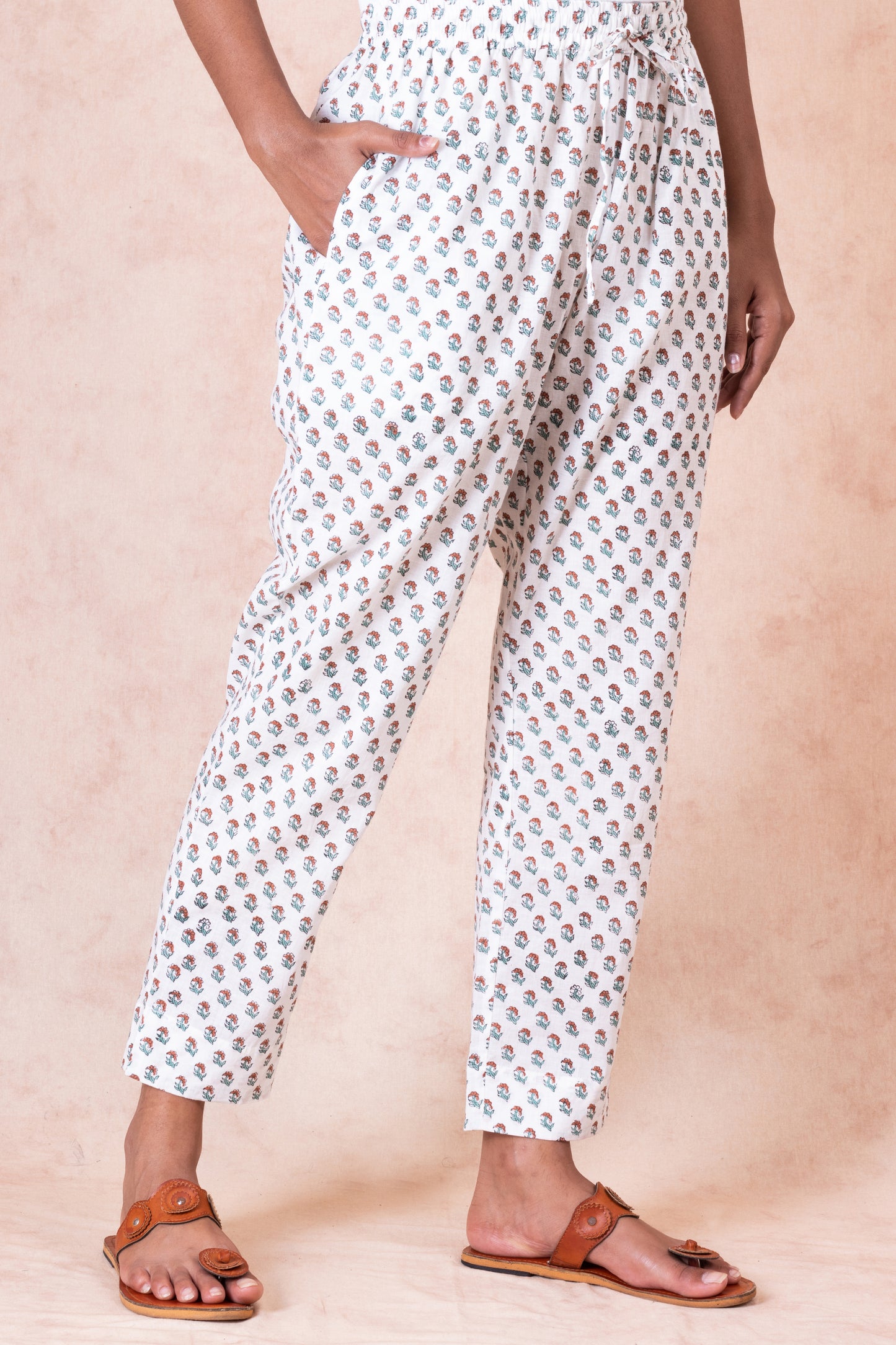 White Garden Lush Handblock Straight Pant